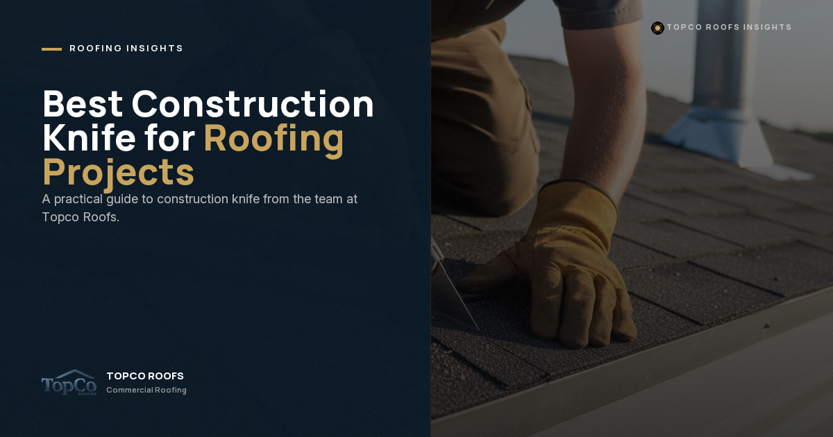 A person wearing work gloves uses a utility knife on a shingled roof. The image is overlaid with text about the best construction knife for roofing projects from Topco Roofs.