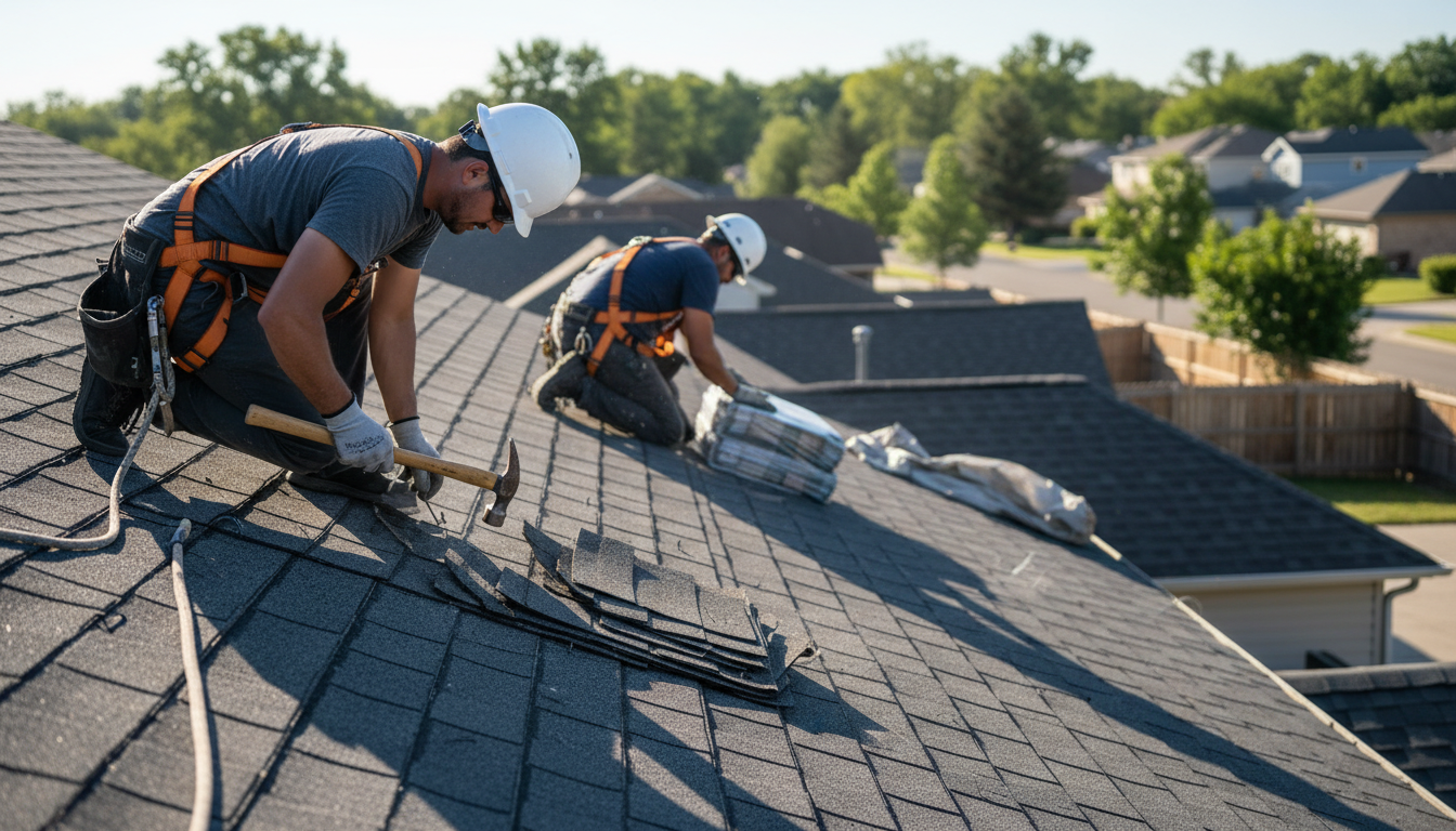 Professional roofing crew performing essential roofing and repairs on a residential asphalt-shingle roof