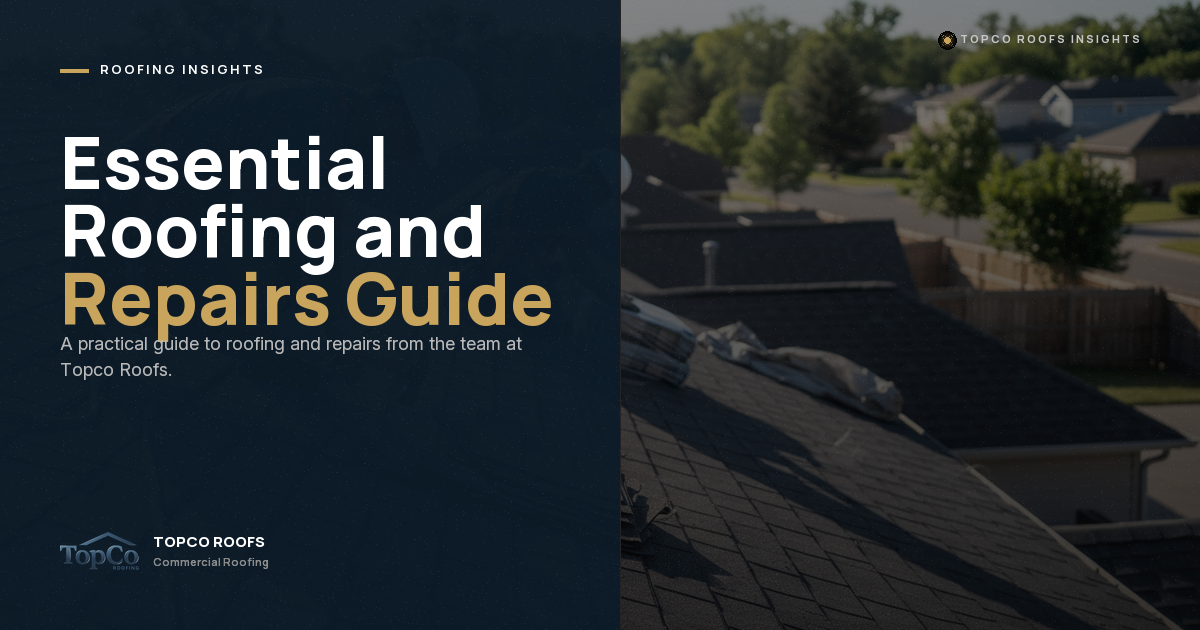 A graphic for Topco Roofs’ “Essential Roofing and Repairs Guide” shows sunlight on neighborhood rooftops with workers repairing a roof. Text highlights it as a practical guide to roofing and repairs.