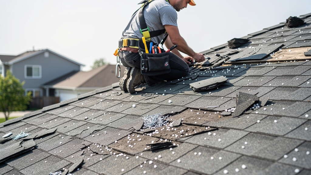 A worker wearing a safety harness and tool belt installs shingles on a house roof, with nails and roofing materials scattered around. Nearby houses are visible in the background.
