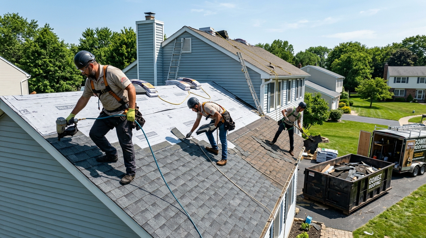 Three workers in safety gear are installing or repairing shingles on the roof of a house, with roofing tools and materials nearby. A trailer and dumpster for debris are on the lawn below, with other houses and trees in the background.