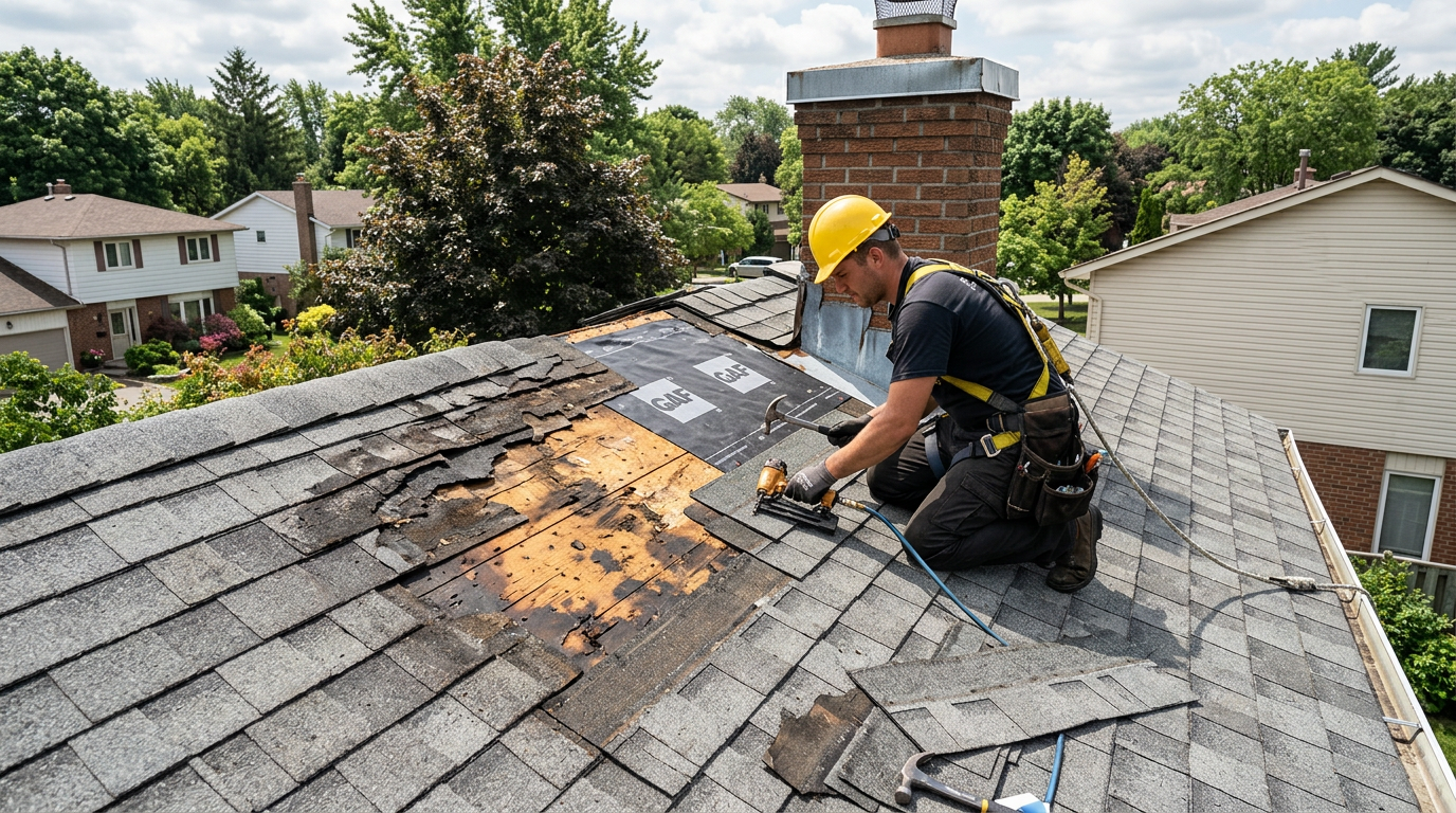 A construction worker wearing a yellow hard hat is repairing a roof, replacing damaged shingles near a brick chimney on a sunny day in a suburban neighborhood.