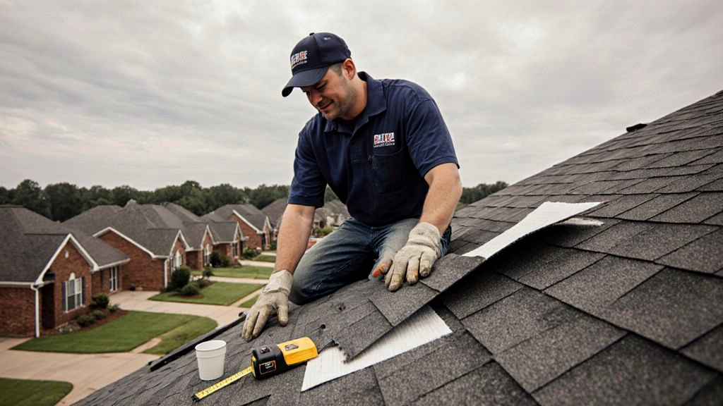 Mississippi roofer kneeling on a sun-faded laminated asphalt shingle for roofing comparison, peeling back a hail-bruised tab to show the fiberglass mat underneath