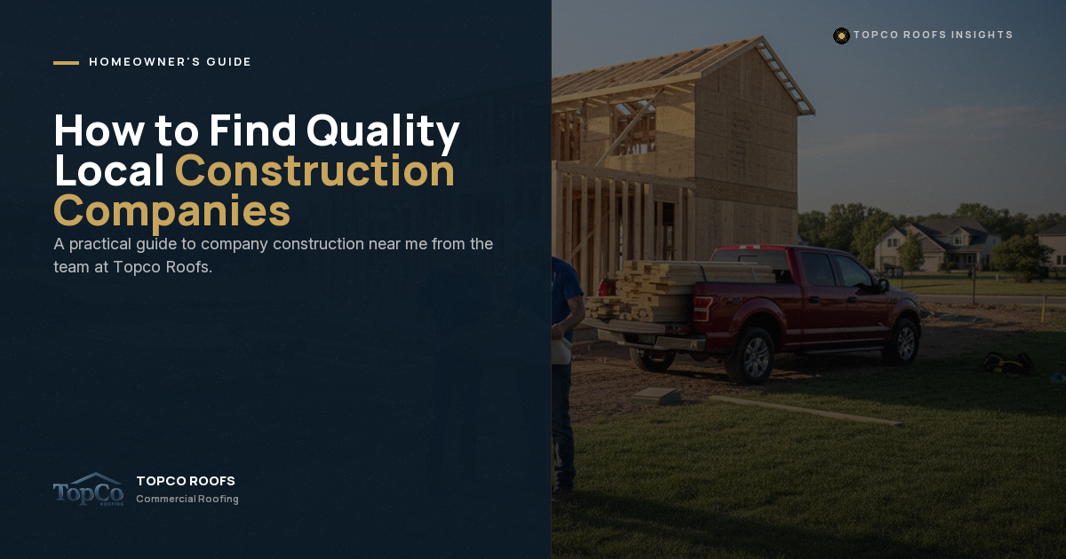 A guide cover image showing a partially built wooden house, a red pickup truck, and a man working outdoors, with text: “How to Find Quality Local Construction Companies” by Topco Roofs.