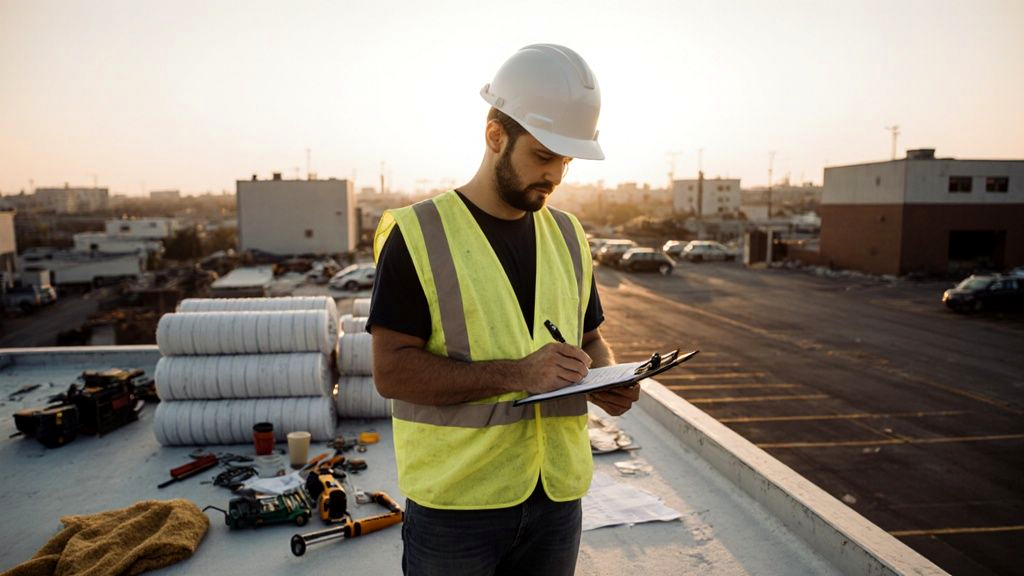 Roofing site supervisor on a commercial flat roof at end of day writing a daily progress report on a clipboard, illustrating dpr in construction documentation