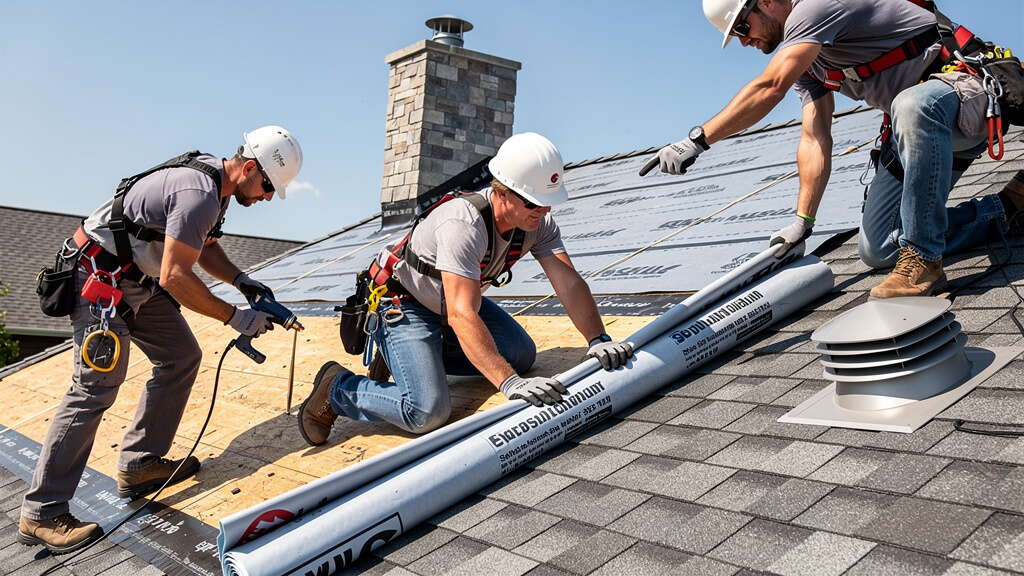 Three construction workers wearing safety gear install waterproof underlayment on a sloped house roof. One unrolls material, another uses a tool, and the third adjusts the edges near a chimney on a sunny day.