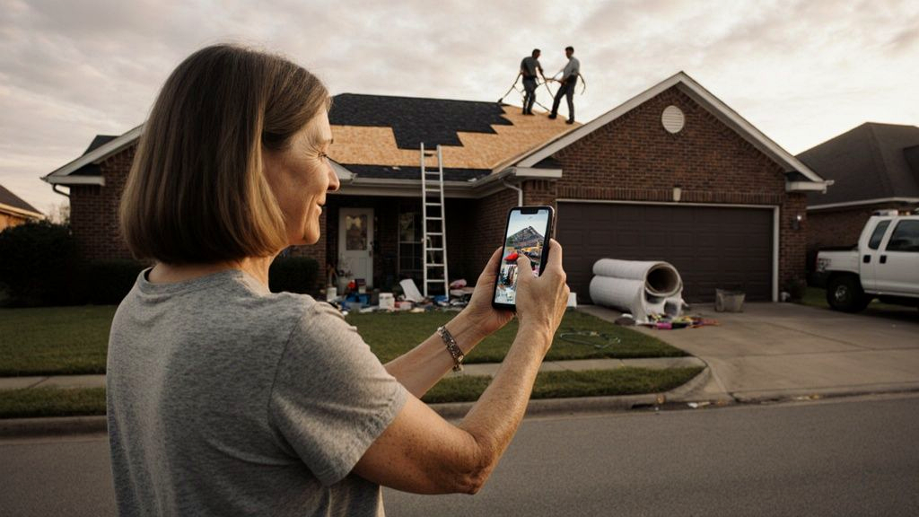A Mississippi home with a new roof TopCo replaced through a home insurance claim, with a yard sign noting the roof was insurance-paid
