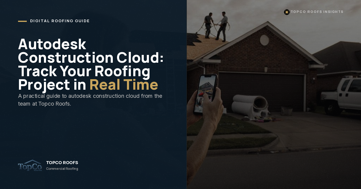 A digital roofing guide titled “Autodesk Construction Cloud: Track Your Roofing Project in Real Time” with a person taking a photo of a house roof using a smartphone. Topco Roofs logo and branding are visible.