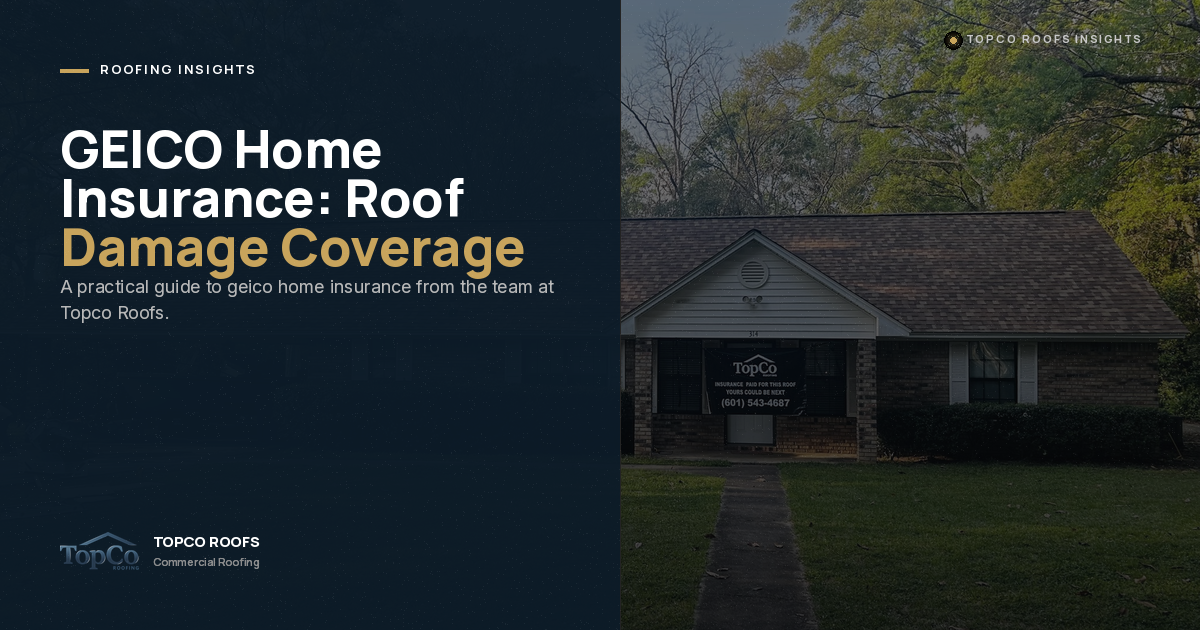 A graphic titled "GEICO Home Insurance: Roof Damage Coverage" shows a small house with a sign reading "TopCo Roofs" on the lawn, alongside informational text about roof insurance.