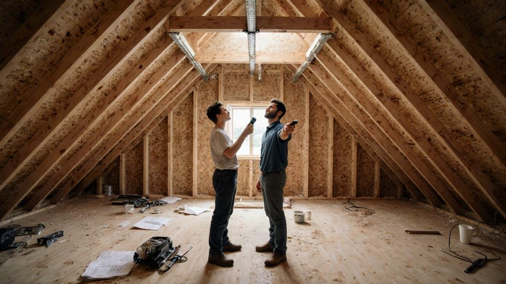 Home buyer inspecting the roof framing of a newly built home before closing
