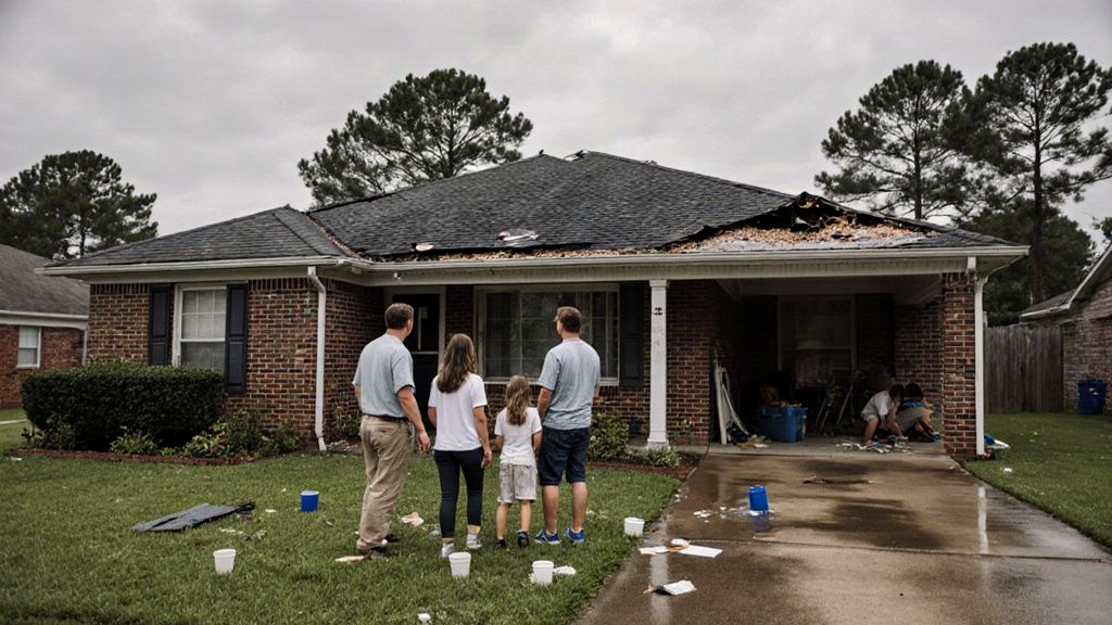 Mississippi military family standing in their front yard looking up at a wind and hail damaged asphalt shingle roof after a summer storm, broken shingles in the flowerbed