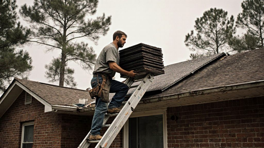 Roofer carrying lightweight metal roofing panels to an older Mississippi home