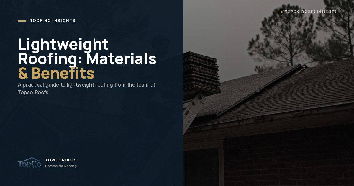 A presentation slide titled "Lightweight Roofing: Materials & Benefits" with text and an image of a house roof under cloudy skies, trees in the background, and roofing materials stacked on the roof.