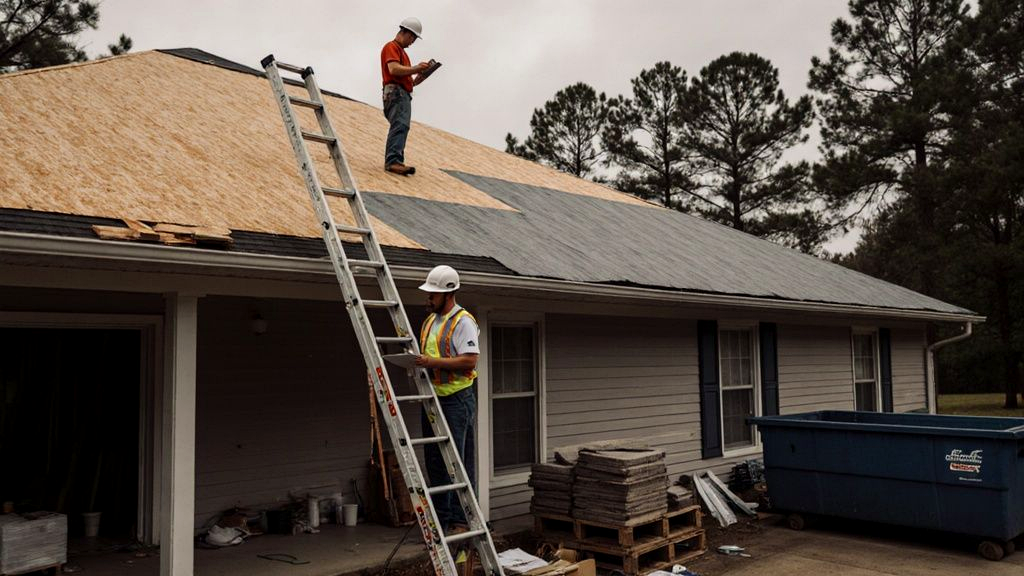 Contractor reviewing roofing work during a building project financed with a loan for building construction