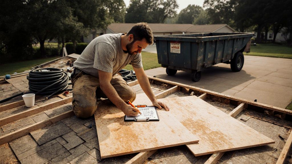 Roofer measuring a stripped Mississippi roof deck with a tape measure and clipboard to price roof replacement work square by square