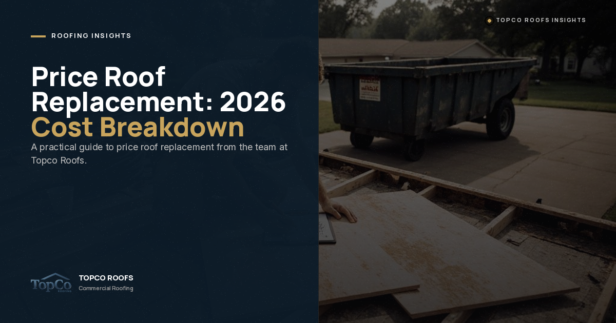 A person works with wood planks in a driveway near a dumpster. Text reads: “Price Roof Replacement: 2026 Cost Breakdown. A practical guide by Topco Roofs.” Topco Roofs logo appears at bottom left.