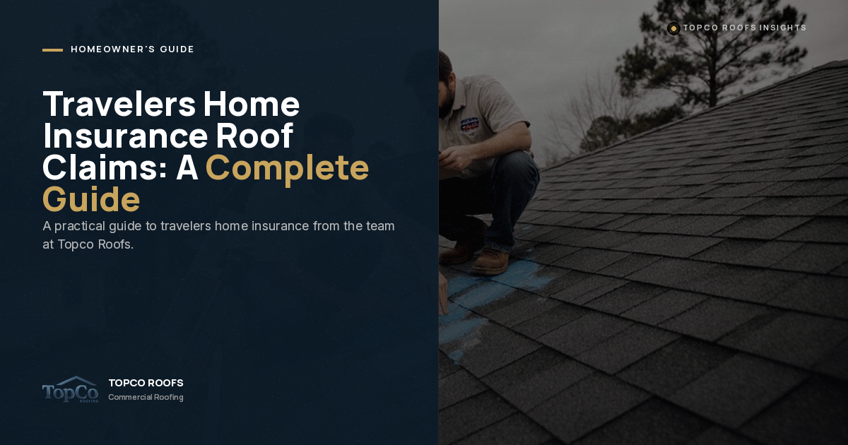 A man inspects a shingled roof, marking areas with blue chalk. On the left, text reads: "Travelers Home Insurance Roof Claims: A Complete Guide. A practical guide to travelers home insurance from the team at Topco Roofs.