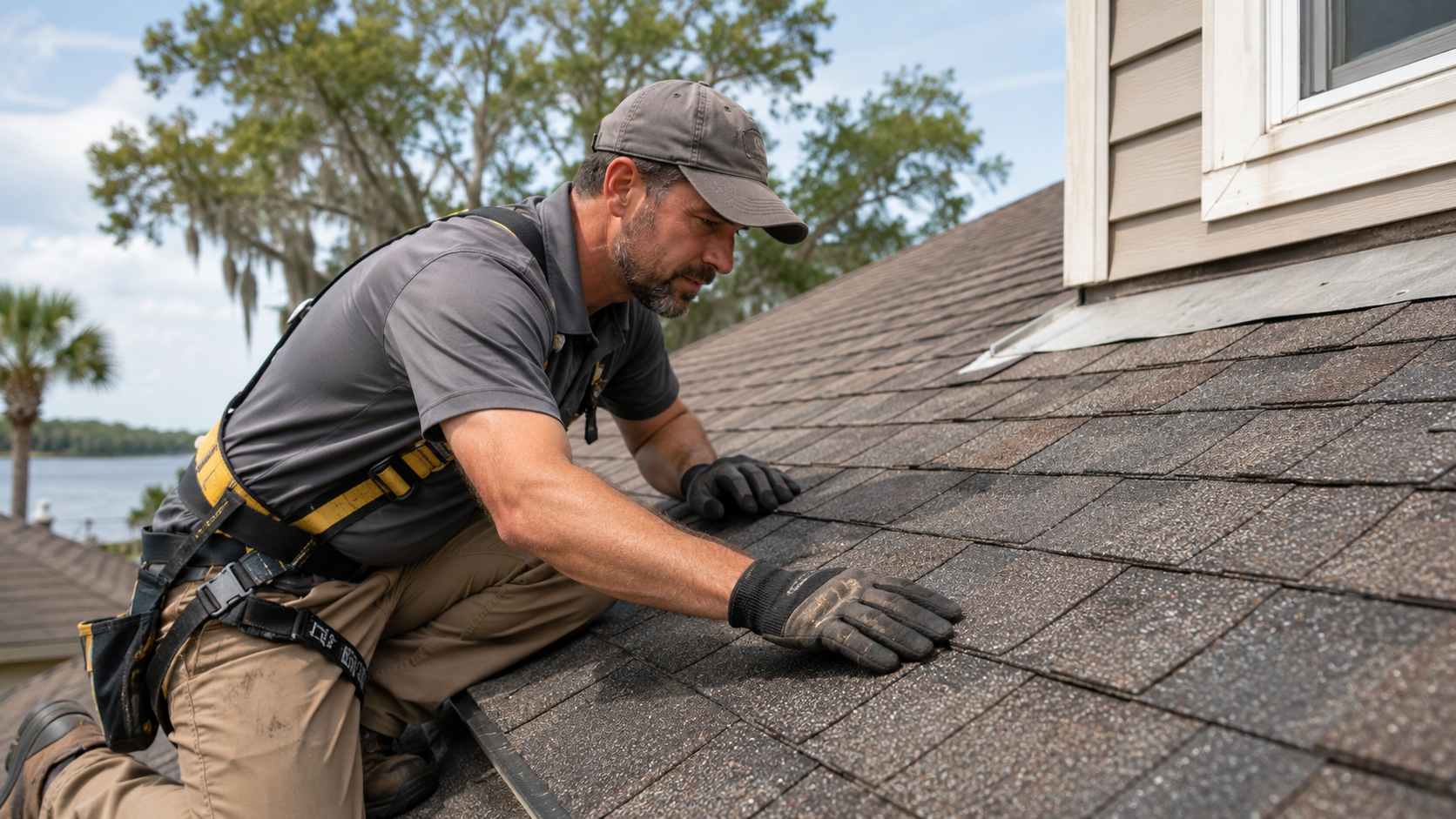 Professional roofer inspecting asphalt shingles and flashing for signs of wear and roof damage.