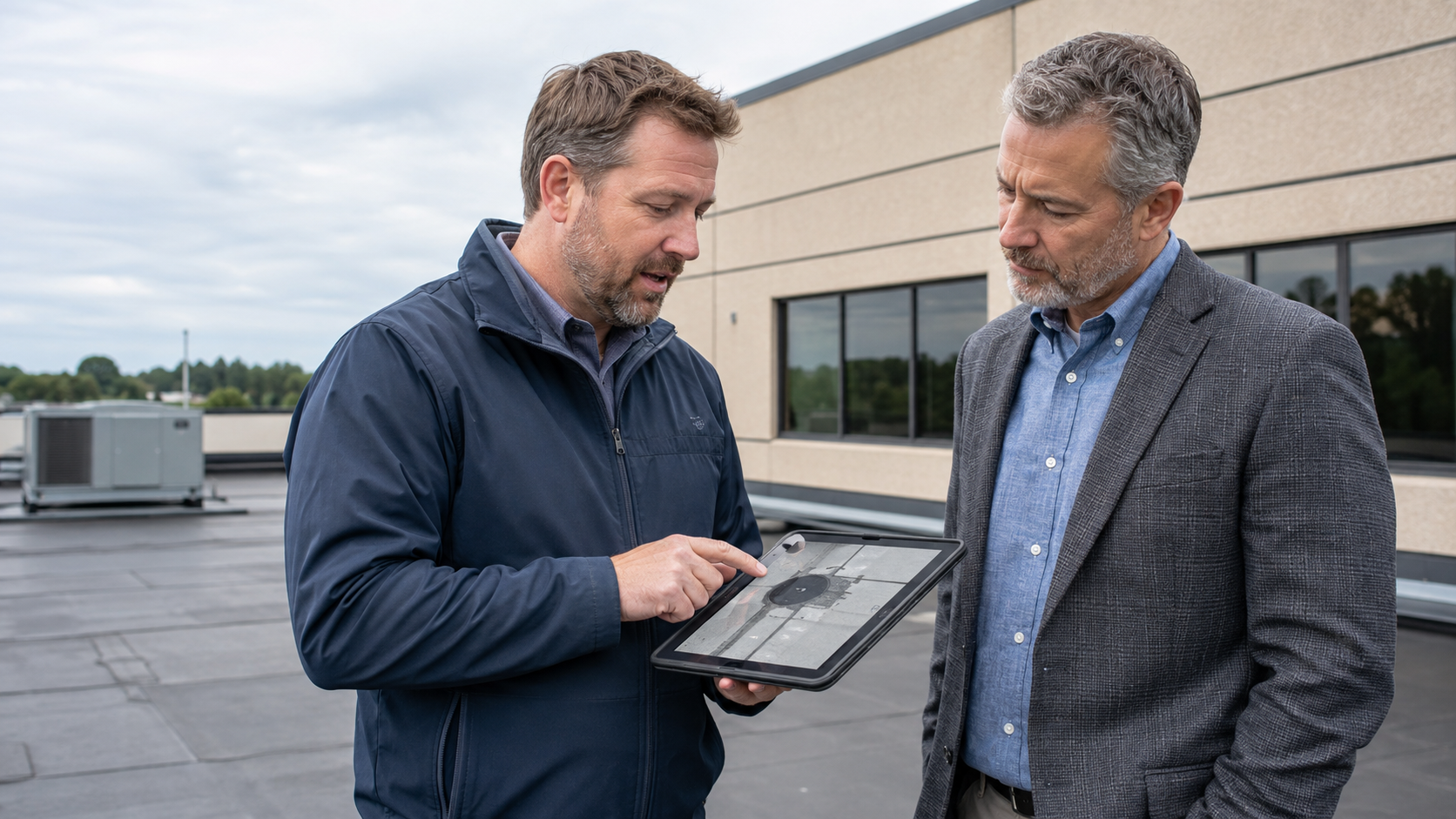 Commercial roofing professional reviewing inspection findings with a building owner during a free roof inspection.
