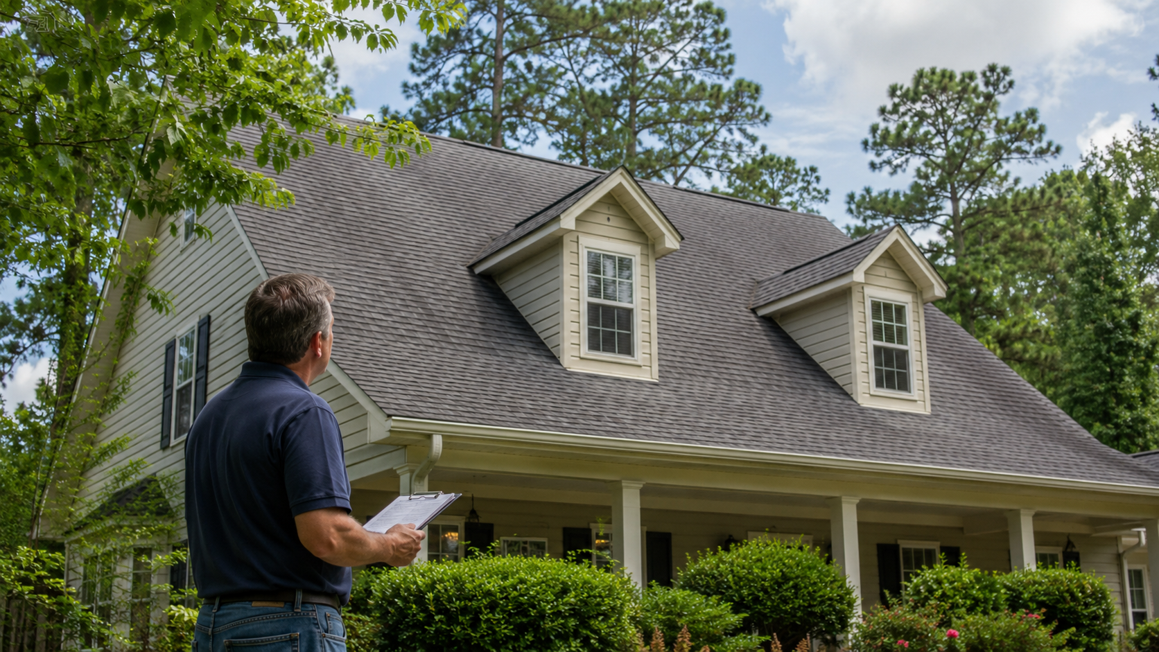 Homeowner performing a roof maintenance inspection on a Mississippi home from the ground