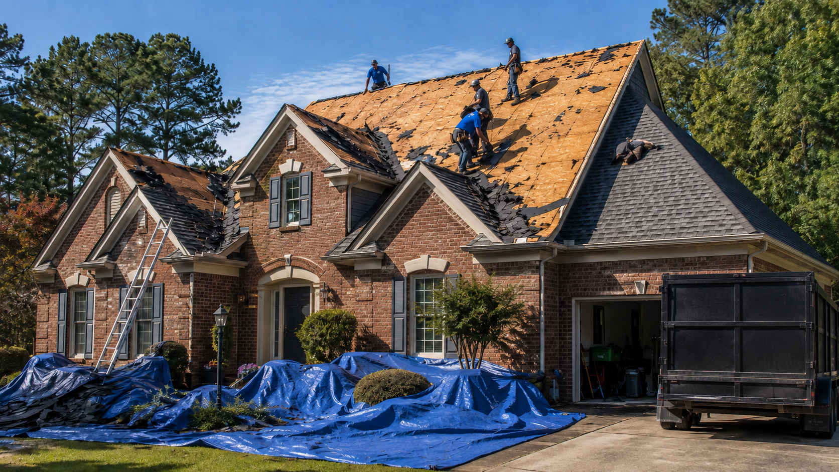 How long does a roof replacement take? Roofing crew removing old shingles during a residential roof replacement.