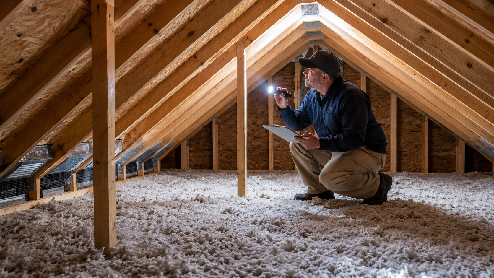 Roofing professional inspecting attic insulation and rafters as part of a roof ventilation assessment.