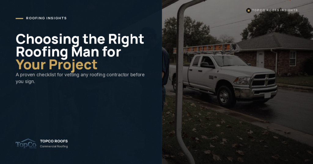 A white truck with a ladder parked on a residential street. Text reads “Choosing the Right Roofing Man for Your Project” with a checklist message for hiring roofing contractors.