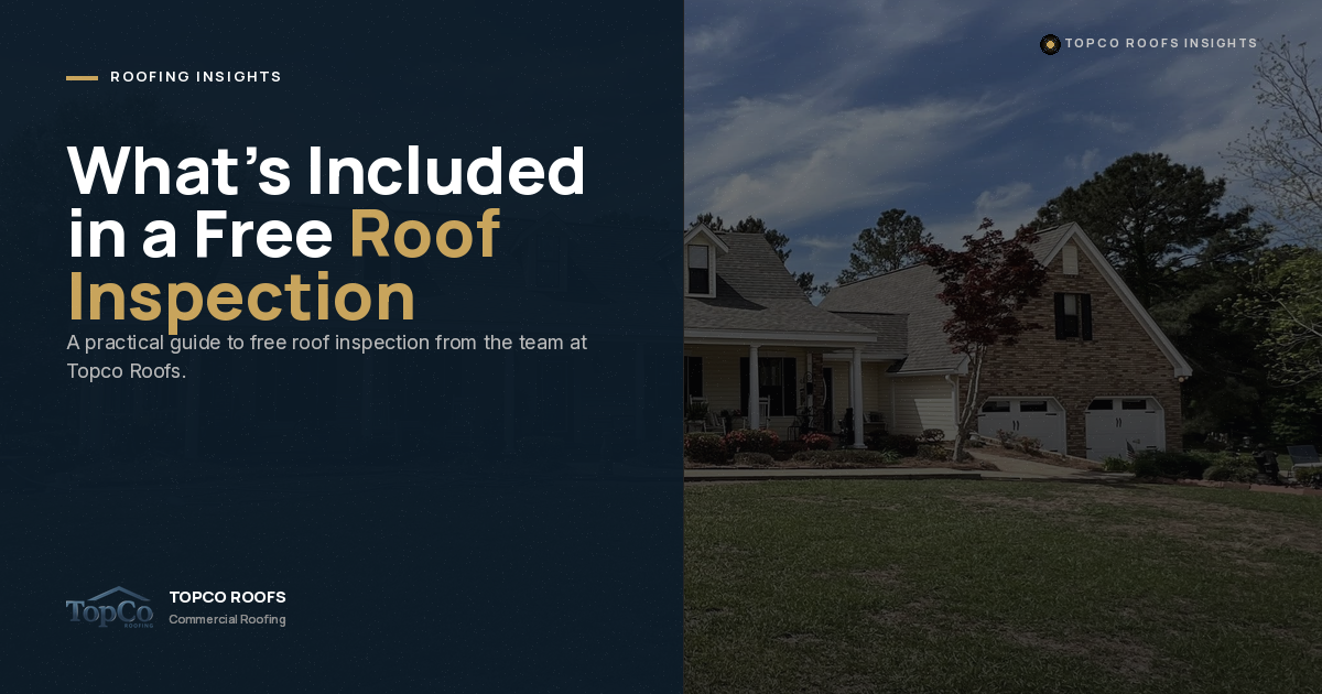 A graphic for Topco Roofs reads “What’s Included in a Free Roof Inspection” with a photo of a house and garage under a blue sky on the right. Information about roof inspections is displayed on the left.