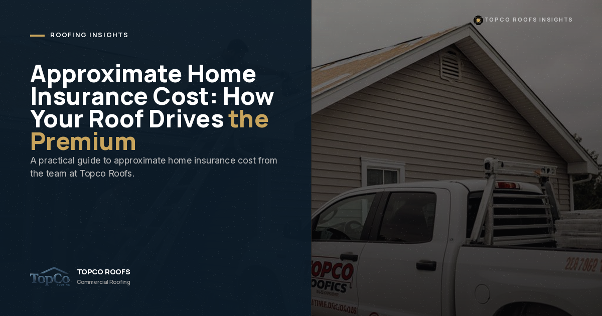 Split-screen graphic; left side has text about roof insurance cost from Topco Roofs, right side shows a house with a gabled roof and a Topco-branded pickup truck with roofing materials parked outside.
